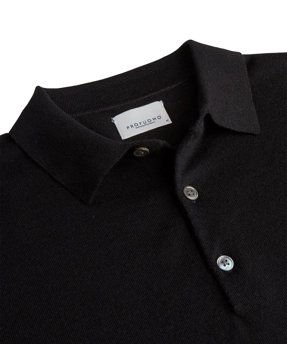 Profuomo Black Merino Longsleeve 3 Button Poloshirt