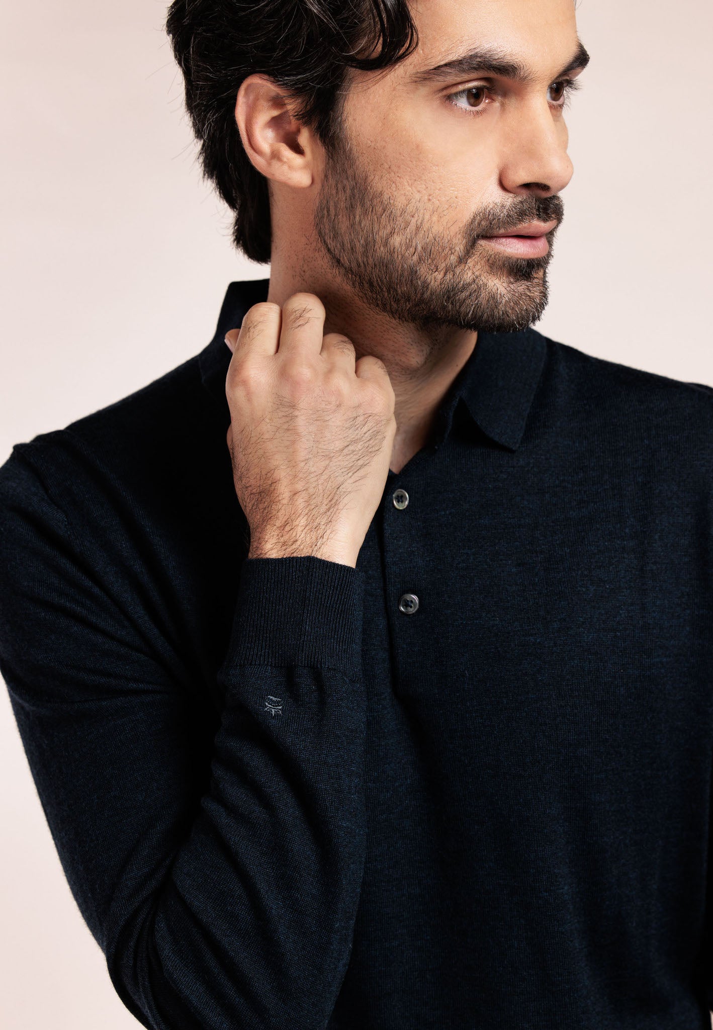 Thomas Maine 100% Merino Wool Long Sleeve Polo - Navy
