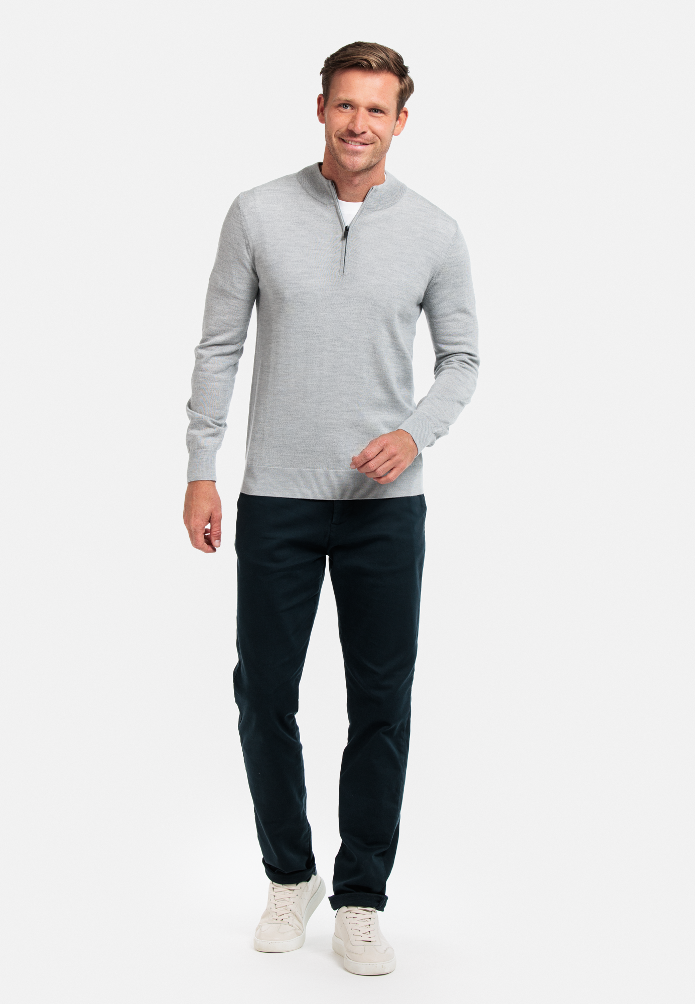 Thomas Maine Grey Merino Wool Half Zip Jumper