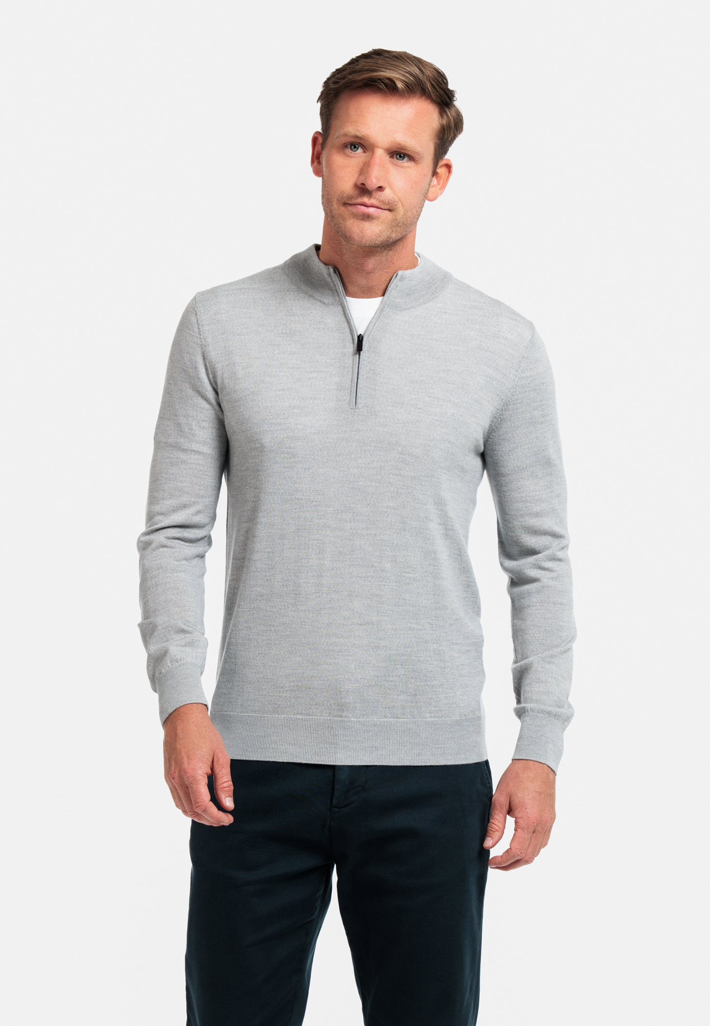 Thomas Maine Grey Merino Wool Half Zip Jumper