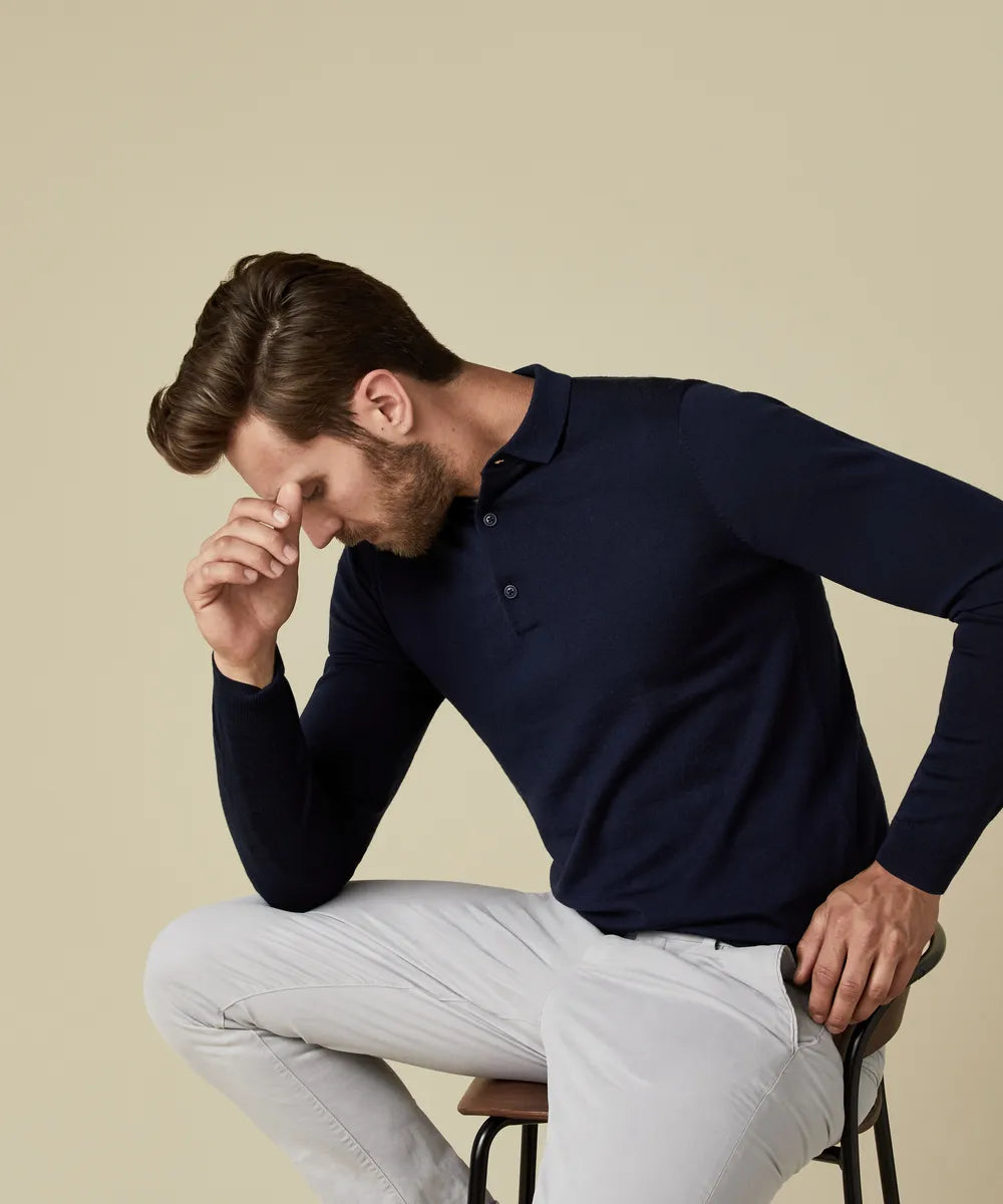 Profuomo Navy Merino 3 Button Longsleeve Polo Shirt